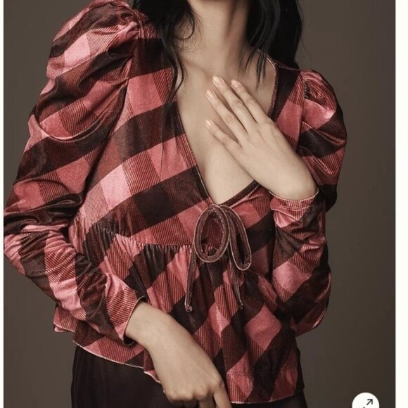 ANTHROPOLOGIE Maeve Velvet Babydoll V-Neck Top Pink Multi Gingham Size XL NEW - Picture 1 of 7